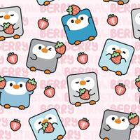 naadloos patroon van schattig pinguïn in plein vorm met aardbei Aan pastel achtergrond.vogel dier karakter tekenfilm ontwerp.fruit.kleding.print scherm.baby grafisch.kawaii.vector. vector