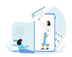 online psychologen overleg. telegeneeskunde. dokter ver weg adviseren. mentaal specialist praten naar haar cliënt door internetten. gezondheidszorg Diensten. vector