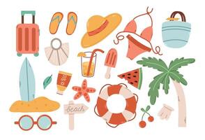 zomertijd reeks grafisch elementen in vlak ontwerp.collectie van scrapbooking elementen voor strand partij cocktail,tas,bikini,strand hoed, ijs crème, tropisch vakantie. vector