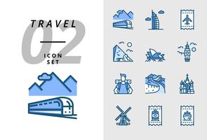 Pack-pictogram voor reizen, treinvervoer, Dubai, vliegticket, piramide, opera, Big Ben, backpacker, grote muur, Taj Mahal, windmolen, treinkaartje, bootticket. vector