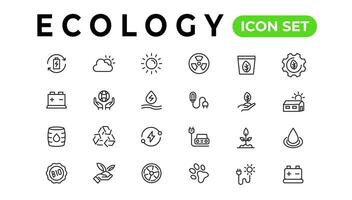 ecologie lijn pictogrammen set. hernieuwbaar energie schets pictogrammen verzameling. zonne- paneel, recyclen, ecologisch, bio, stroom, water - voorraad vector