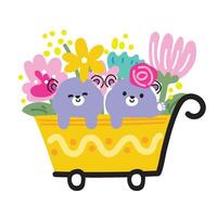 schattig teddy beer lijn hand- getrokken stijl blijven in trolley fabriek met bloem.lente.bloemen.natuur.wild dier karakter tekenfilm ontwerp.baby grafische.kawaii.vector.illustratie. vector