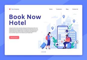 hotel reservering website. mobiel app voor toeristen en reizigers, hotel kamer reservering digitaal onderhoud concept vector landen bladzijde sjabloon. appartement zoeken hulpmiddel. mensen met bagage illustratie