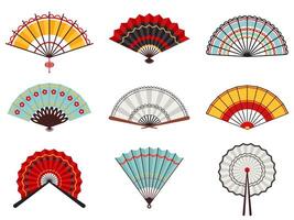 Aziatisch hand- fans. papier vouwen hand- fans, Chinese, Japans decoratief traditioneel oosters houten fans vector illustratie pictogrammen reeks