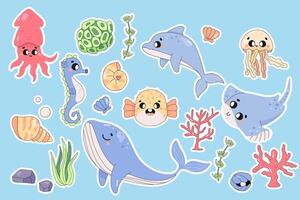 schattig zee dieren, sticker set, Aan wit achtergrond, fugu, walvis, dolfijn, inktvis, kwallen. onderwater- wereld. vector