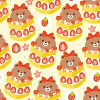 naadloos patroon van schattig aardbei kaas taart hebben teddy beer gezicht en bloem Aan cake.sweet en dessert.fruit.wild dier karakter tekenfilm ontwerp.baby kleding ontwerp.kawaii.vector.illustratie. vector