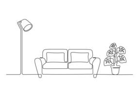 doorlopend een lijn tekening van bankstel of sofa met lamp en ingemaakt fabriek. modern meubilair gemakkelijk lineair stijl vector illustratie