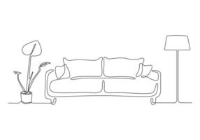 doorlopend een lijn tekening van bankstel of sofa met lamp en ingemaakt fabriek. modern meubilair gemakkelijk lineair stijl vector illustratie