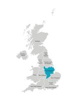 vector geïsoleerd illustratie van vereenvoudigd administratief kaart van de Verenigde koninkrijk, uk. blauw vorm van oosten- middenlanden. borders en namen van de Regio's. grijs silhouetten. wit schets.