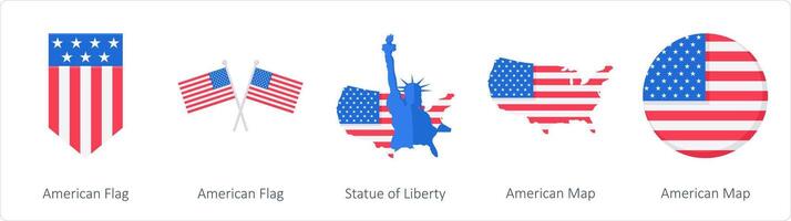 een reeks van 5 Amerika onafhankelijkheid dag pictogrammen net zo Amerikaans vlag, standbeeld van vrijheid, Amerikaans kaart vector