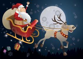 kerst cartoon illustratie van de kerstman in zijn slee of slee vliegen voor een grote volle maan vector
