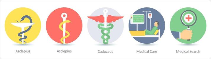 een reeks van 5 medisch pictogrammen net zo asclepisch, caduceus, medisch zorg vector