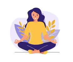 vrouw mediteren in de natuur en bladeren. concept illustratie voor yoga, meditatie, ontspannen, recreatie, gezonde levensstijl. vectorillustratie in platte cartoonstijl vector