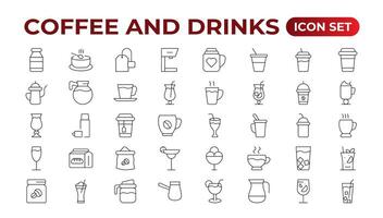 reeks van koffie winkel pictogrammen. gemakkelijk lijn kunst stijl pictogrammen pak. vector illustratie.koffie pictogrammen. bonen, heet cocktail en maker machine. espresso beker, cappuccino met geslagen room latte verkoop machine.