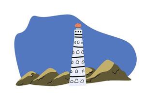 schattig wit vuurtoren Aan zee strand rotsen - zeegezicht tekenfilm illustratie vector