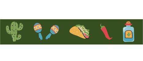 Mexicaans grens van maracas, tequila, cactus Aan groen achtergrond. vector illustratie kan gebruikt voor groet kaart, banners en flyers.