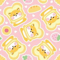 naadloos patroon van schattig shiba inu hond slijtage brood vorm hoed met bakkerij icoon achtergrond.japans huisdier dier karakter tekenfilm design.aardbei.jam cookies.kawaii.vector.illustratie. vector