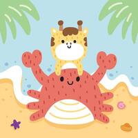 schattig giraffe blijven Aan krab zacht haar- met Schelland kokosnoot boom Aan zee strand.zee leven en wild dier karakter tekenfilm design.ocean.summer.under water.kawaii.vector.illustratie vector