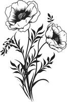 bloesems in harmonie monochromatisch vector logo met zwart bloemen gebeeldhouwd bloemblaadjes elegant zwart icoon illustreren botanisch ontwerp