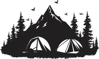 berg majesteit strak monochromatisch embleem voor camping enthousiastelingen onder de Open lucht zwart vector logo ontwerp voor camping gelukzaligheid