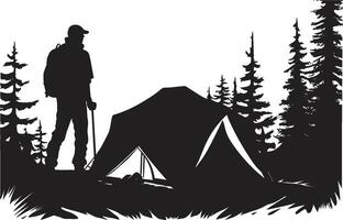 baanbrekend avonturen chique camping icoon in monochromatisch zwart rustiek terugtrekken zwart vector logo ontwerp icoon voor camping enthousiastelingen