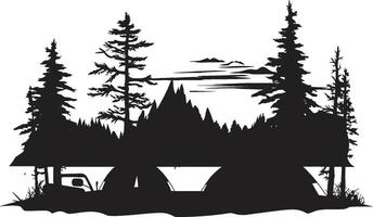 wildernis reislust chique camping icoon ontwerp in monochromatisch zwart avontuurlijk trails zwart vector logo voor camping en exploratie