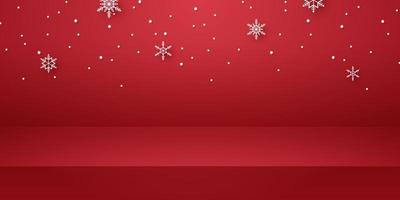rode lege studioruimte met sneeuw die valt voor productachtergrond en sjabloonmodel voor eerste kerstdag