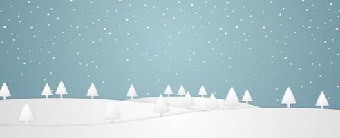 kersttijd, winterlandschap met bomen op heuvel en sneeuwval in papierkunststijl vector