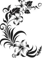 botanisch premie monochroom embleem met decoratief hoeken bevallig slinger strak zwart icoon met decoratief bloemen hoeken vector