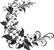 weelderig orchideeën strak zwart icoon met decoratief bloemen ontwerp bloemen straling chique vector logo ontwerp met decoratief hoeken