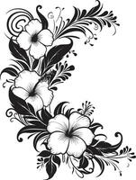bloemen finesse elegant logo ontwerp met decoratief hoeken in zwart bevallig tuin monochroom embleem met decoratief bloemen hoeken vector