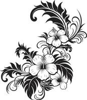 bloemen fantasie monochroom embleem met decoratief hoeken chique wijnstokken strak zwart vector logo ontwerp met decoratief hoeken