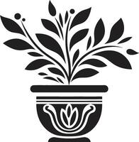 bloesem balans monochroom fabriek pot logo met elegant elegantie biologisch oase chique zwart vector icoon met decoratief fabriek pot