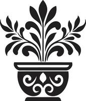 botanisch bloeien elegant fabriek pot logo in zwart bloemblad aanwezigheid monochroom embleem met decoratief fabriek pot vector