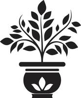 botanisch gelukzaligheid strak zwart embleem met elegant fabriek pot bloemen finesse monochroom vector logo met decoratief fabriek pot