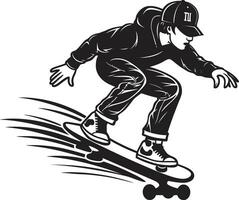 sensatie treder gespannen zwart logo ontwerp met een skateboarden Mens icoon rollend rapsodie vector zwart symbool uitdrukken de melodie van rijden