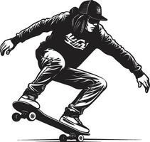 straat stilist gespannen zwart logo met een Mens Aan een skateboard icoon beton kenner zwart symbool met een geschoold skateboarder vector