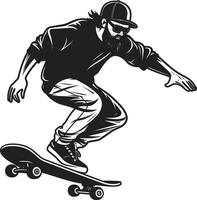 skateboard synchronie zwart logo ontwerp vastleggen de harmonie van rijden stad schuif vector symbool van een Mens Aan een skateboard in strak zwart