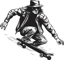 skateboard gevoel zwart logo ontwerp oproepen tot de sensatie van rijden sensatie tiran iconisch vector symbool van een Mens Aan een skateboard in zwart