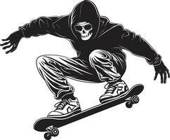 sensatie treder gespannen zwart logo ontwerp met een skateboarden Mens icoon rollend rapsodie vector zwart symbool uitdrukken de melodie van rijden