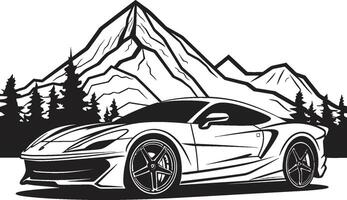 hoogland harmonie iconisch zwart symbool beeltenis een sport- auto glijden door berg wegen top piek vector logo ontwerp met een sport- auto icoon overwinnen zwart bergachtig paden