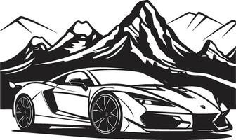 alpine top iconisch vector symbool van een sport- auto navigeren berg wegen in zwart nok gerommel strak zwart logo met iconisch sport- auto overwinnen de berg