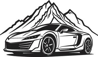 hoogtepunt panorama strak vector icoon van een sport- auto beheersen zwart berg wegen episch verhoging zwart logo ontwerp met een sport- auto Aan toneel- alpine berg trails in vector