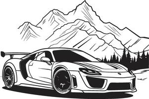 hoogland horizon iconisch vector symbool van een sport- auto overwinnen zwart berg wegen top synchronie zwart logo ontwerp met een sport- auto icoon in harmonie met berg trails