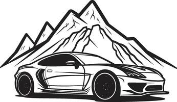 top symfonie strak zwart logo ontwerp met een sport- auto icoon dansen Aan berg trails alpine bijval dynamisch vector symbool van een sport- auto racing door zwart bergachtig paden