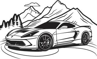 hoogtepunt prestige zwart vector symbool van een sport- auto uitblinken Aan berg wegen episch verhoging strak zwart logo ontwerp met een dynamisch sport- auto icoon Aan bergachtig trails