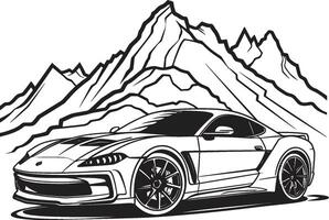 episch verhoging zwart logo ontwerp presentatie van een sport- auto overwinnen alpine berg routes hoogland harmonie vector icoon van een sport- auto glijden door toneel- zwart berg wegen