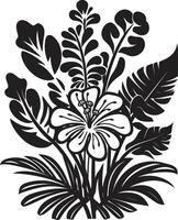 exotisch gebladerte vector zwart logo ontwerp met tropisch fabriek bladeren en bloemen keerkring elegantie iconisch symbool in zwart met fabriek bladeren en bloem vectoren