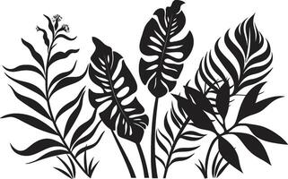 oerwoud harmonie vector zwart logo met exotisch fabriek bladeren en bloemen tropisch verleiden iconisch symbool in zwart met fabriek bladeren en bloem vectoren