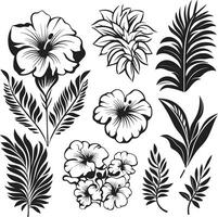 oerwoud harmonie vector zwart logo met exotisch fabriek bladeren en bloemen tropisch verleiden iconisch symbool in zwart met fabriek bladeren en bloem vectoren